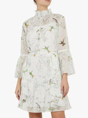 Ted Baker Andray Bird Print Ruffle Dress, size 0, White & Mint Green